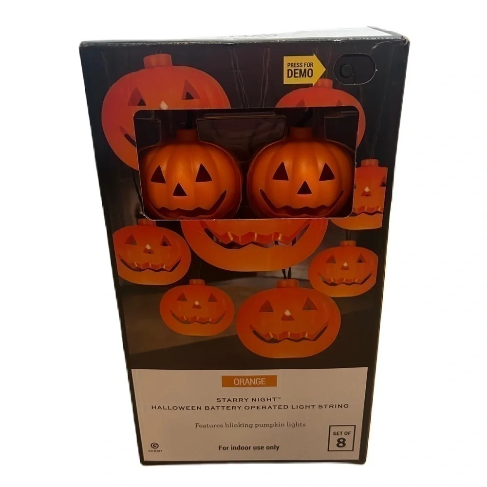 Halloween Jack O Lantern Pumpkin String Lights NEW Set of 8 Battery Operated